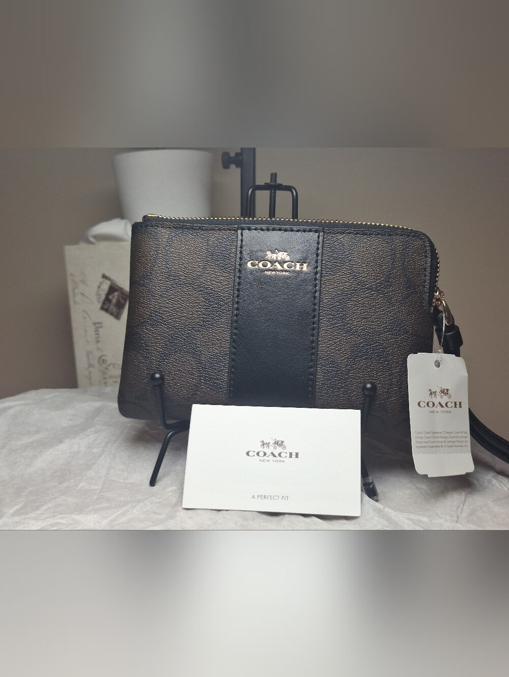 COACH Corner Zip Wristlet Signature Canvas Brown Black Leather F58035 NWT